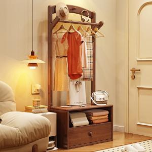 Solid Wood Coat and Hat Rack Bedside Table Integrated Storage Rack Floor Bedroom Hanger Room Entrance Storage Rack with Drawer