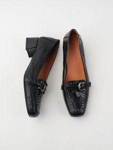 Genuine Leather Rivet Decorated Slip-On round Head Single Shoes for Women Comfortable Medium Heel Fashionable Casual Footwear