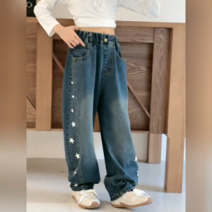 F-16 Kids Jeans Loose Korean Style Girls Wide-leg Pants Star High-waisted Curved Pants Casual Straight-leg Pants