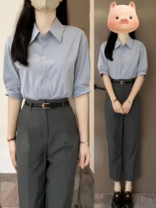 Summer Commute Fashionable Professional Womens Shirt And Pants Suit for Job Interview Cotton Short Sleeve Button up Set