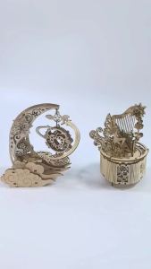 3D Wooden Puzzle Moon Star Music Box DIY Assembly Rotating Craft Decoration STEAM Educational Toys Gift for Adults Teens