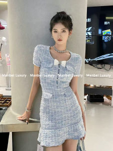 Elegant Spring Plaid Mini Dress with Butterfly Knot Waist Cinching Flounce Hem High Waist Short Sleeve round Neck A-Line Skirt