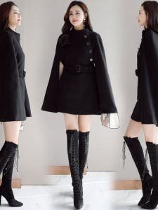 Womens Woolen Cloak Coat Autumn Winter British Style Thickened Medium Length Shrug Outerwear Polyester Lining Pocket Detail