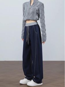 Contrast Color 2024 New Arrival Fall Winter Cowboy Matchet Pants Womens Elegant Lazy and Loose High Waist Drooping Fleece Loose Pants
