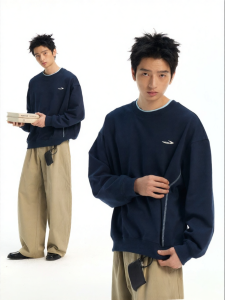 JNXS | Áo Hoodie Hai Mảnh Giả Dày Vai Rộng Cổ Tròn