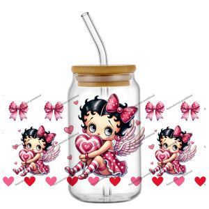 Sweet Pink Angel Girl UV DTF Transfer Decal for 16oz Glass Cup Vintage Themed Cartoon Waterproof DIY Tumbler Sticker Gift Decor