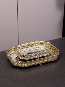 Nordic Cahaya Gaya Mewah Emas Besi Tempa Kaca Cermin Dasar Tray Ruang Tamu Desktop Perhiasan Tray Rumah Tangga Nampan Penyimpanan