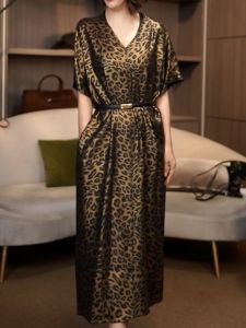 Elegant Leopard Print V-neck Dress Womens Summer New Style Slimming Long Dress Luxury Belt Included High Waist A-line Skirt
