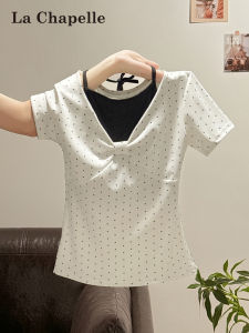 La Chapelle | Polka Dot Fake Two-Piece Off-the-Shoulder Slim Short Sleeve T-Shirt