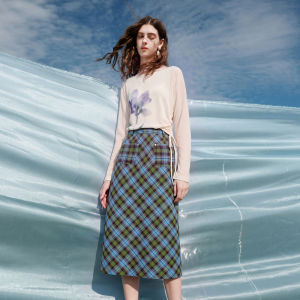 3COLOUR·S | Plaid Slit Straight Midi Skirt