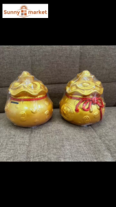 Heo đất túi vàng nơ đỏ cỡ nhỏ cao 16cm thu hút may mắn tài lộc về nhà