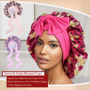 1PC Leopard Print Silky Satin Sleep Bonnet with Adjustable Tie Band for Natural Curly Hair Night Shower Hair Cover