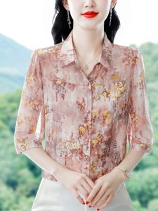 Hangzhou Famous Silk Shirt Womens Half Sleeve Floral Shirt Three-Quarter Sleeve Classy Mothers Wear Elegant Mulberry Silk Top