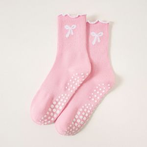 Women Cute Bow Print Crew SocksSoft Cotton Breathable Anti-Slip Casual SocksRuffle Trim Mid Calf Socks Daily WearSportsYoga