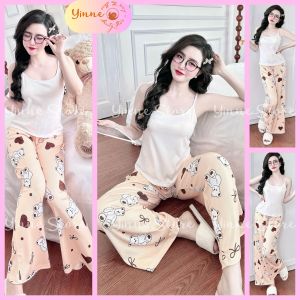 (40-60kg) °Thun Tăm° Set đồ bộ đi chơi 2 Dây Croptop Trơn phối Quần Dài in 3D Bộ ngủ mặc nhà Thiết Kế hoạ tiết Đẹp Dễ thương Trẻ trung tôn dáng
