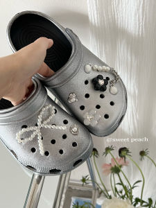 Sweet Peach Planet Original High-End Silver Flat Bottom Clog Shoes Women Summer Outdoor Wear 2025 New Slippers Anti-slip Sandals