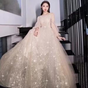 DINNER DRESS Luxurious High Sense Of Ladies Banquet Temperament Dress Long-Sleeved Long Section 香槟色蕾丝晚宴晚礼服轻奢大气