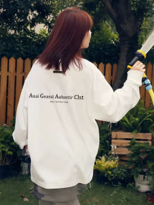 Áo Thun Cotton Dài Tay Rộng Rãi Màu Trắng Cho Nữ Mùa Xuân Thu Phong Cách Đường Phố Mỹ Vai Cao in Họa Tiết Áo Lót