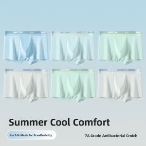 miiow | Mens Ice Silk Mesh Crotch Boxer Shorts Flat Angle Underwear Breathable Comfortable Summer New Style Youth Mid Waist Briefs