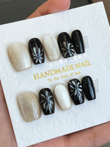 Handmade Black And White Cat Eye Sparkling Firework Short T Nails Autumn Winter High-End Sensation White Enhancing Popular Wearable Nails