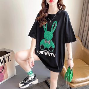 plus Size Womens Cotton T-Shirt Short Sleeve Cartoon Print Loose Fit Mid-Length Casual Top for plus Size Women