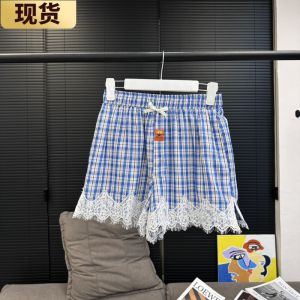 [In Stock] Meirelaxed Summer Blue Plaid Lace Edge Elastic Waist Loose Shorts