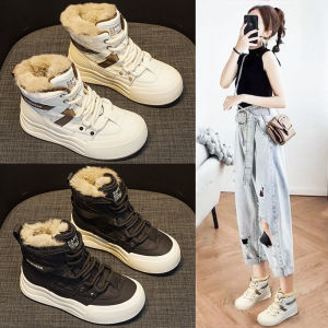Thickened Rabbit Fur Winter Boots Womens High Top Cotton Shoes Fashionable All-Match Flat Heel Rubber Outsole Short Tube