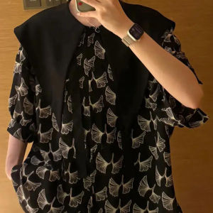 Original Island Cherry Blossom Loose Navy Collar Shirt Summer Versatile Sash Casual Style Short Sleeve Polyester Fiber