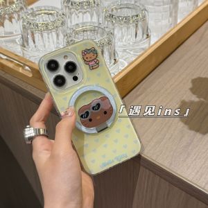 เคสโทรศัพท์มือถือแบบพับได้พร้อมขาตั้งดูดซับแม่เหล็กสีน้ำเงินเล็กๆ ปกหนังสีดำสำหรับ iPhone 16 pro Max ปกนิ่มขอบป้องกันแบบใหม่ 15 ปกป้องเต็มจอ 14