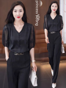 WANGGONGZHU | เสื้อเชิ้ตผ้าชีฟองคอวีบางฤดูร้อนสำหรับผู้หญิง เสื้อเชิ้ตทรงตรงสไตล์เกาหลี ปกโปโล แขนสั้น สีพื้น ทรงเข้ารูป