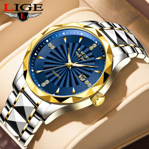 LIGE Fashion Men Watch Diamond Luminous Business Stainless Steel Strap Quartz Watches Military Sports Waterproof Date Watches For Men + Box