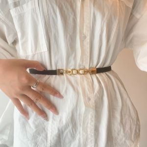 Womens Belt Pearl Metal Buckle Thin Elastic PU Casual All-Match Belt