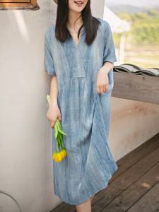 Loose Cotton and Linen Summer Clothing New Arrival Artsy Minimalist Elegant Dress Bark Wrinkle Texture Linen Loose-Fitting Slim-Fit Long Dress