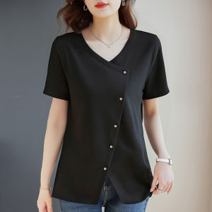 เสื้อยืดคอกว้างสีดำแขนสั้นผู้หญิง ทรงหลวม ทรงเข้ารูป แฟชั่นฤดูร้อน ทรงหลวม แขนสั้น คอกลม เสื้อผ้าทำงาน