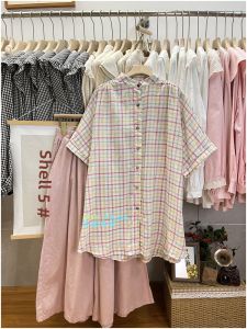 Japanese Style Art School Chic Short Sleeve Plaid Shirt with Stand Collar for Young Women Loose Fit Regular Length