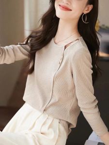 Fall 2023 Womens Casual Simple Hollow out Slimming Long Sleeve T-Shirt Versatile Korean Style Commute Classic Cotton Polyester