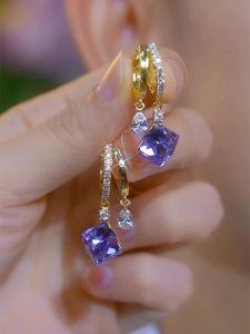 Hoa Tai Pha Lê Màu Tím Vuông Thanh Lịch Dành Cho Nữ Trang Sức Tai Bằng Kim Bạc Trang Trí Thời Trang Đa Năng Thanh Lịch Sang Trọng