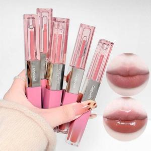 ลิปกลอสสีชมพูหวานแบบสองหัว เนื้อเนียนนุ่มแบบแมทท์ ลิปกลอสแบบมีกระจก ลิปออยล์ ลิปสติกแบบซ้อนทับ ติดทนนาน