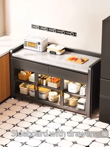 BMZAR Marble patterned countertop Kitchen Storage Rack Floor Standing Multi Functional Microwave Oven Rack Multi Layer Bowl Cabinet With drawers
