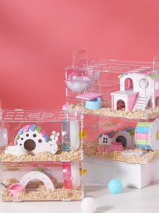 Lovinland Pet Hamster Cage Acrylic with All Accessories 2-Layer Hamster House with Full Transparent Viewing Top Open Mouse Cage for Pet Mice Hamster Habitat for Hamster