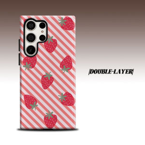 Pink Stripe Strawberry For Samsung Galaxy S26 S25 S24 A56 A36 Dual Layer Luxury Fashion Full Lens Protective Case