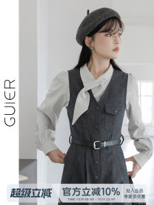 Guier Vintage Style Womens Sleeveless V-neck Dress Slimming Waist Autumn New Arrival College Style Skirt Single Piece Casual Wear