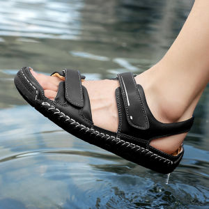 ORNGMALL รองเท้าแตะสำหรับผู้ชายรองเท้าหนังแท้เย็บด้วยมือขนาด38-48รองเท้าแตะชายหาดสวมใส่สบายระบายอากาศได้ดีคุณภาพสูงลำลอง