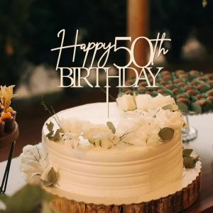 YOMDID Happy 50th Birthday Cake Topper Wooden Cake Topper 50th Cake Decoration for Happy 50th Anniversary Party Cake Decorations