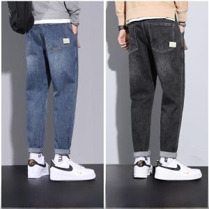 ROMON | Loose Straight Leg Light Blue Denim Jeans For Men Romon Brand Casual Elastic Summer Long Pants Mid Waist Nine Points Thin Denim