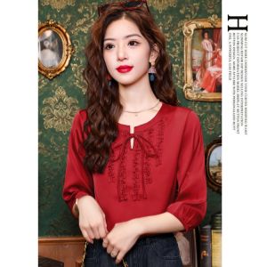 Mulberry Silk Top Womens Half Sleeve Shirt Summer New Arrival Ladieswear Western Style Belly-Covering Small Shirt National Style Red Silk Shirt