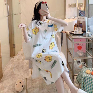 Comfortable Polyester Short Sleeve Sleep Dress Sweet Cartoon Print Home Clothes for Students Medium Length Spring Autumn Wear