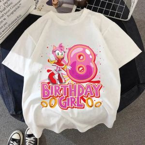 Bandai | Summer Breathable T-shirts Short Sleeves Shirt Gift Sonics New Pink T-shirt for Girls Birthday Number 1-9 Cute Cartoon White Tee