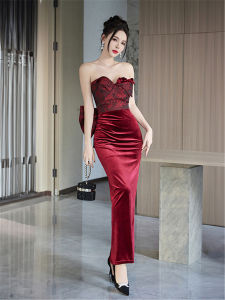 Wine Red Retro New Chinese Style Tube Top Morning Gowns Female Bride Wedding Evening Gown Niche Style Light Yarn Evening Dress Dress