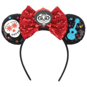 Disney Coco Mickey Mouse Ears Headband Festival Party Sequins 5 inch Bow Hairband Women Girls Kids Party Hair Accessories Gifts